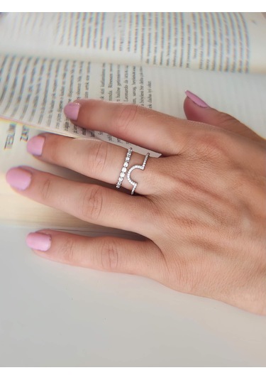 Oval İki Sıralı Taşlı Model Ayarlanabilir Silver Gümüş Renkli Yüzük Silver