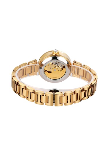 Vkemall Kadınlar İçin Otomatik Mekanik Saat, Gümüş Çelik Kordon, 30m Su Geçirmez, 33mm Taşlı Açık Desenli Siyah-altın Yüz Gold