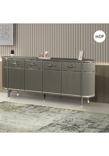 Maya Antrasit Gümüş Lüks Konsol 4 Kapaklı Şerit Detaylı Metal Ayaklı Tasarım 180x45x84 Cm Antrasit - Gümüş