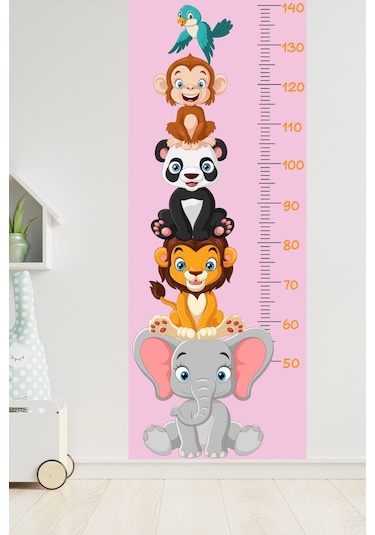 Sevimli Safari Hayvanları Boy Ölçüm Cetveli Boy Ölçer Sticker Pembe
