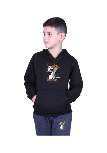 Kapüşonlu Kanguru Cepli California Baskılı Erkek Çocuk Eşofman Takımı Siyah - Füme