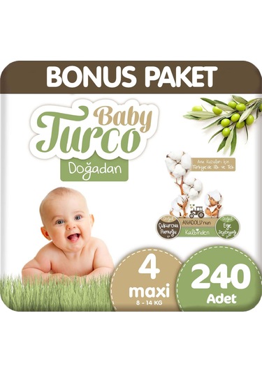 Baby Turco Doğadan Bonus Paket Bebek Bezi 4 Beden 120x2 240 Adet