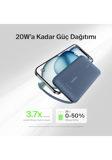 Belkin Boostcharge Powerbank, Type-c Kablolu 10k Pd 20w, Mavi