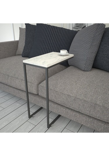 Callen Beyaz Mermer Yan Sehpa & Tekerlekli Servis Sehpası Metal