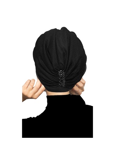 Dizayn Tüllü Kristal Taş İşlemeli Çift Taraflı Astarlı Siyah Hazır Türban Tesettür Abiye Bone Siyah