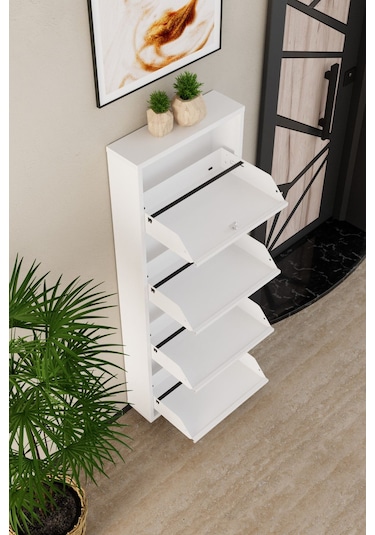 Kilitli 4 Kapaklı Metal Ayakkabılık Beyaz Beyaz