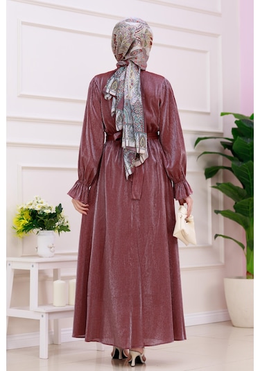 Kolu Volanlı Simli Alya Abiye-bordo-4870