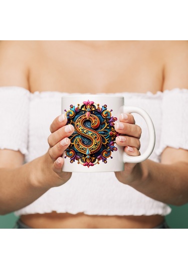 S Harfi Boho Bardak, Renkli Özel Tasarım Hediyelik Harfli Kupa, 330ml Porselen Beyaz