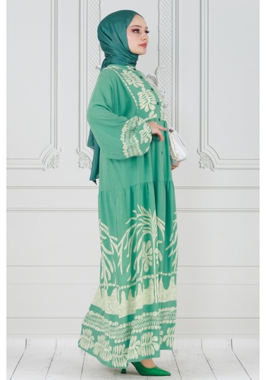 Yarasa Kol Karışık Desen Viscon Elbise-mint Yeşili-3801 - Mint Yeşili