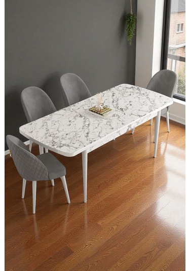 Mura Beyaz Mermer 80x132 Açılabilir Mdf Masa Yemek Odası Takımı, Mutfak Takımı 4 Adet Sandalye Gri