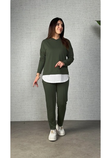 S-pazarım Kadın Uzun Kollu Kapşonlu Bağcıklı Viskon Iki Iplik Bluz Ve Pantolon Ikili Takım Yeşil