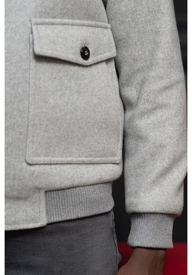 Slimfit Kürklü Sabit Yaka Beli Lastikli Astarlı Kaşe Mont Gri