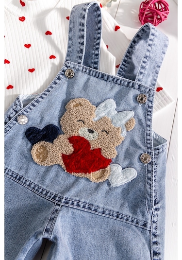 Babymod Ayıcık Figürlü Denim 2'li Kız Bebek Kot Salopet Tulum Mavi