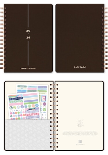 2026 A5 Spiralli Keten Haftalık Ajanda 12 Aylık - Kahverengi Kahverengi