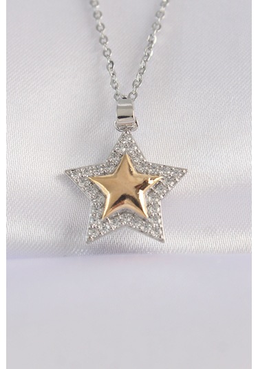 Ezoconcept 316l Çelik Zincir Gümüş Renk Zirkon Taşlı Tasarım Altın Renk Yıldız Kolye Çok Renkli