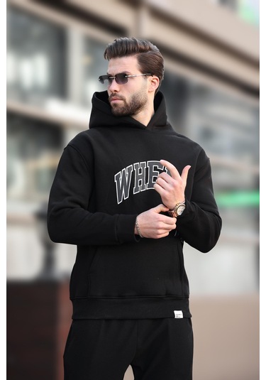 Madmext Siyah Kapüşonlu Baskılı Cep Detaylı Erkek Sweatshirt E7065 Siyah
