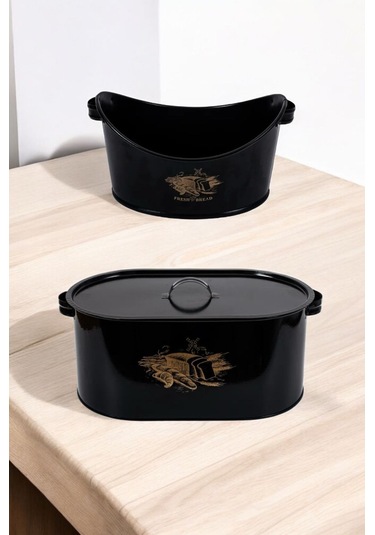 Toptanfoni 2 Li Metal Büyük Boy Kapaklı Desenli Ekmeklik Ve Sofra Ekmeklik Siyah Siyah