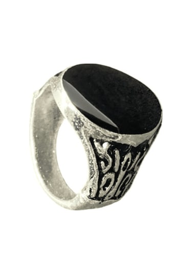 Siyah Taşlı Antik Desenli Vintage Model Erkek Bijuteri Kaplama Yüzük Gümüş