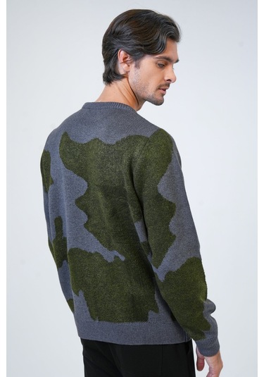 Antrasit Regular Fit Yeşil Desenli Bisiklet Yaka Triko Kazak-antrasit Antrasit