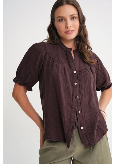4725 Kadın Büzgü Robalı Kolu Fırfırlı Müslin Gömlek Kahve Kahve