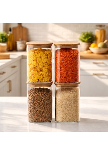 Porsima 4395 4lü Kare 1100 Ml Bambu Vakumlu Kapaklı Cam Kavanoz Seti Saklama Kabı 10x15cm Şeffaf