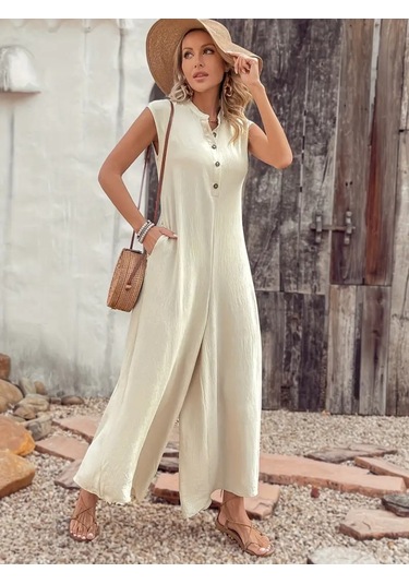 Ahes Shopping Kadın Kısa Kollu Önden Düğmeli Paçaya Doğru Geniş Cepli Uzun Bürümcük Tulum Bej