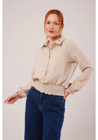 Bel Ve Bilek Lastikli Bej Bluz Bej