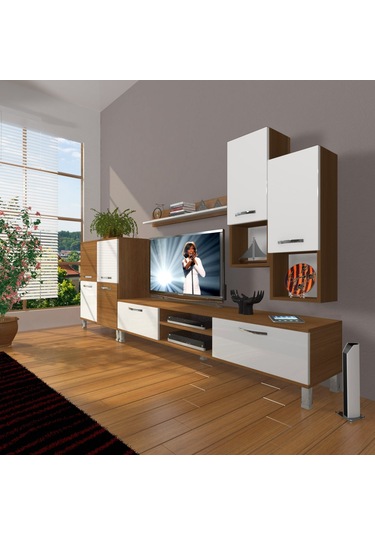 Decoraktiv Eko 6da Mdf Dvd Krom Ayaklı Tv Ünitesi Tv Sehpası Ceviz - Beyaz