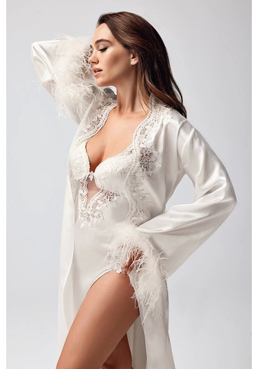 Freshness 9950-gs Saten Ortişli Gecelik Sabahlık Takım - Ekru - L Ekru