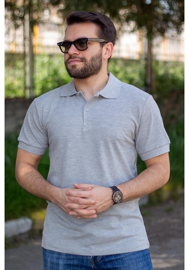 Erkek Gri Melanj Rahat %100 Pamuk Ribana Kol Polo Yaka T-shirt 24eplypope 001
