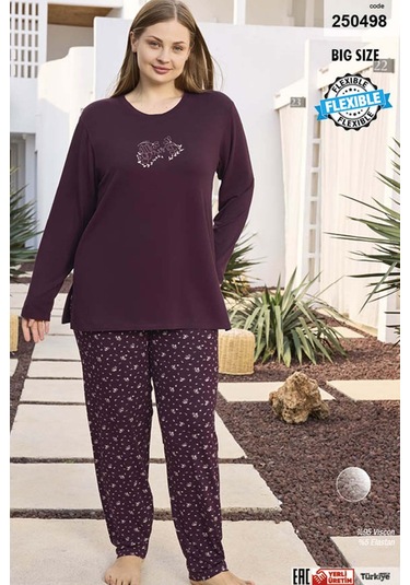 Büyük Beden Viskon Kadın Uzun Kol Pijama Takımı 250498 Mürdüm02 Mürdüm02