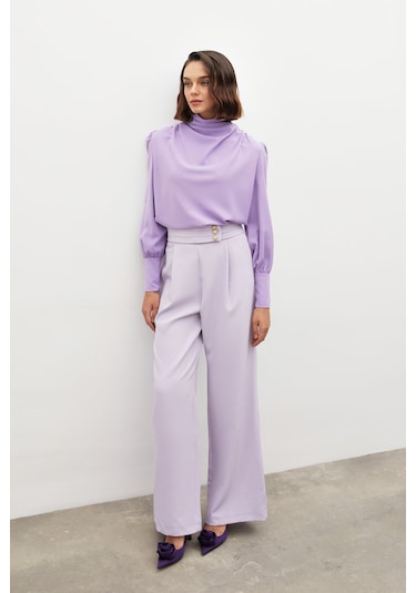 Sateen Bel Detaylı Pantolon - Lila