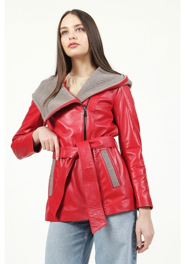 Dericlub Yb-2163/80 Gerçek Deri Kadın Kaban Kırmızı