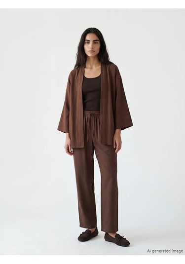 Lc Waikiki Kahverengi Şal Yaka Oversize Kadın Kimono