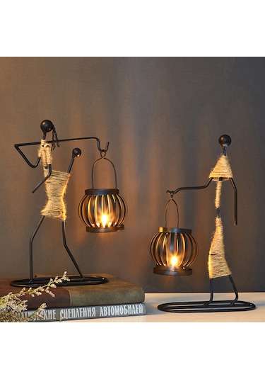 Mufunye Demir Ve Kenevir İpten Yapılmış Şık Mumluk - F Modeli Dekoratif Aydınlatma Mum Dahil Değil