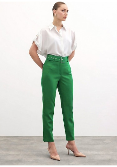 Sateen Yüksek Bel Kemerli Pantolon - Koyu Yeşil-132323 Koyu Yeşil