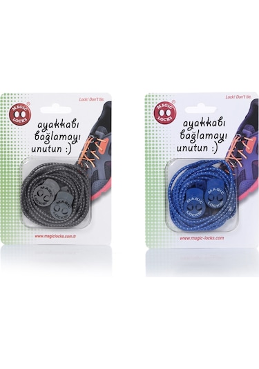 Magic Locks Yuvarlak Akıllı Ayakkabı Bağcık 2'li Set Gri-Mavi