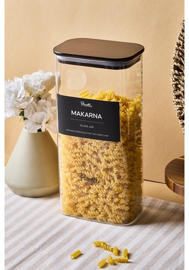 Peter Bambu Kapak Borosilikat Dikdörtgen Cam Kavanoz 1800 Ml 8x12x25 Cm 4 Adet Etiketli Seffaf Şeffaf