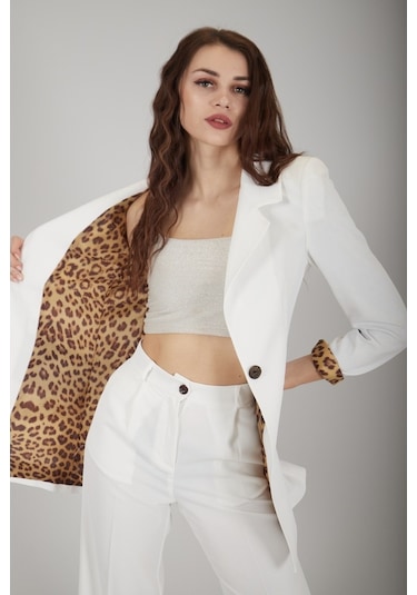 Ardanewline Feminist Ekru Leopar Astar Detaylı Krep Blazer Ceket 0105120.147 Bej