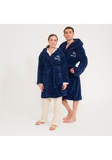 Uzun Kapüşonlu Welsoft Sabahlık Aile Seti-Lacivert