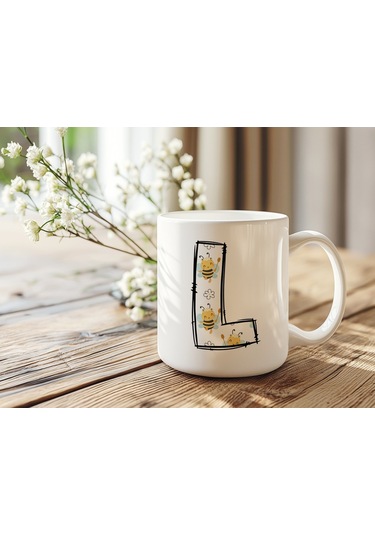 L Harfi Arı Desenli Kupa - Sevimli Hayvan Temalı Kişiye Özel Kahve Kupası - Şans Kupası Beyaz