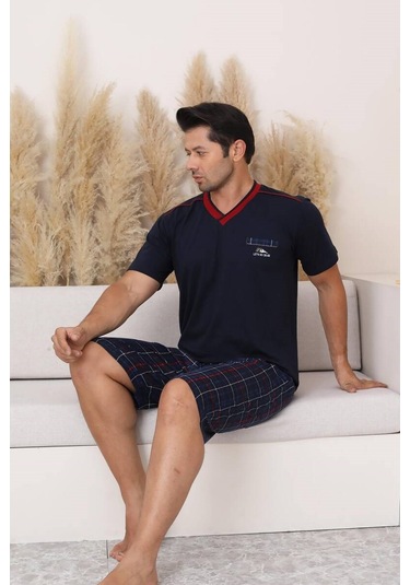 Erkek V Yaka Düğmesiz Ekose Desen Kısa Kol Cepli Şortlu %100 Pamuk Pijama Takımı Lacivert