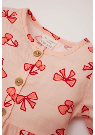 DeFacto Kız Bebek Fiyonk Desenli Uzun Kollu Twill Elbise D9564A525SPPN212 Pembe