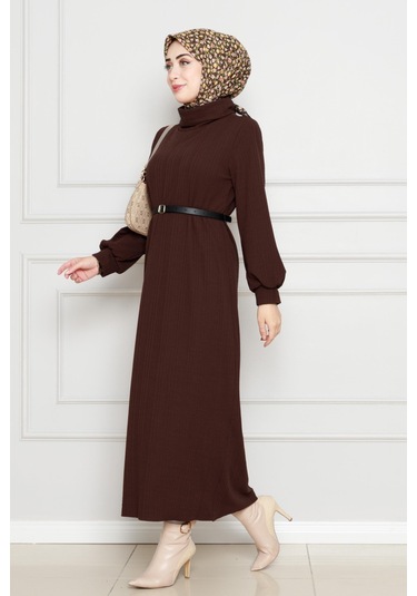 Balıkçı Yaka Kemerli Elbise-kahverengi-4554 Kahverengi