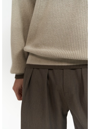 Carter Çift Yaka Detaylı Bej Erkek Triko Kazak Bej