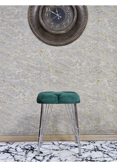 Zafir Kare Krom Kaplama Telli Ayaklı Tabure - Oturak - Bar Taburesi - Ayaklı Tabure Yeşil
