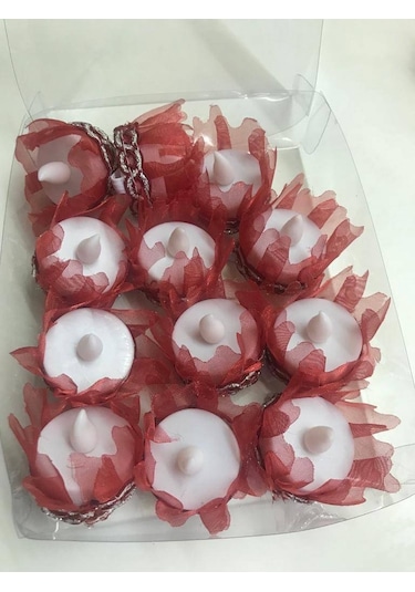 Kırmızı Fırfır Süslemeli 12 Li Led Işıklı Lastikli Pilli El Mumu