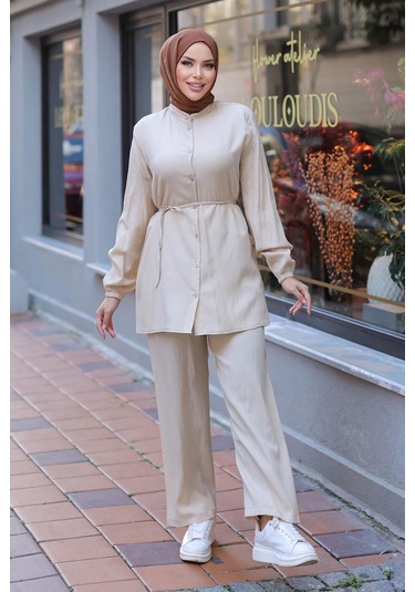 Hakim Yaka Detaylı Tesettür Bej Takım Bej