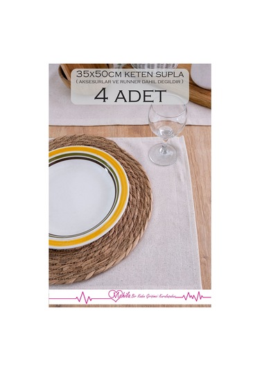 4 Adet 35x50cm %100 Ham Keten Amerikan Supla, Pamuklu Düz Supla, Organik Keten Dekoratif Supla Bej