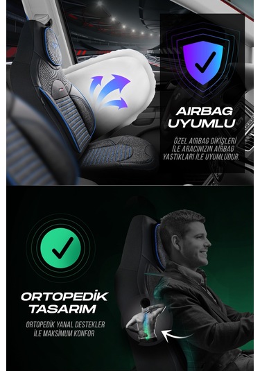 Füme - Mavi Panda Enzo Serisi Keten Kumaş Oto Koltuk Kılıfı - Tam Set